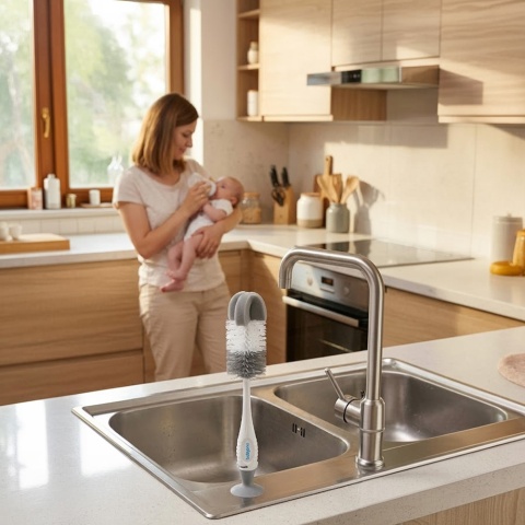 Szczotka do mycia butelek i smoczków Babyono z przyssawką i gąbką szara