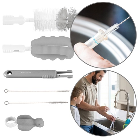 Szczotka do mycia butelek smoczków rurek Babyono zestaw 5w1 biało szary