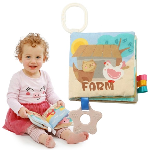 Książeczka sensoryczna Babyono miękka kolorowa z gryzakiem zawieszką Farma