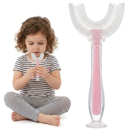 Szczoteczka do zębów i dziąseł silikonowa Bocioland w kształcie U różowa