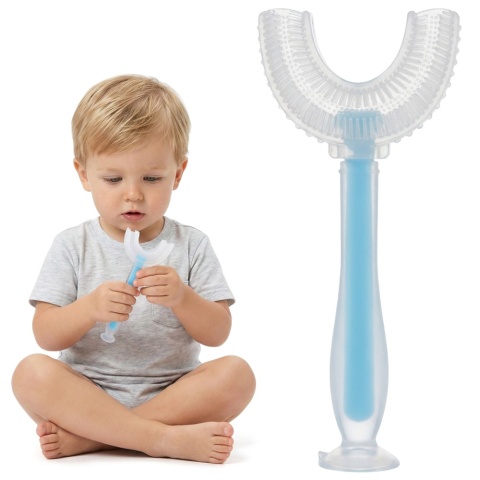 Szczoteczka do zębów i dziąseł silikonowa Bocioland w kształcie U niebieska