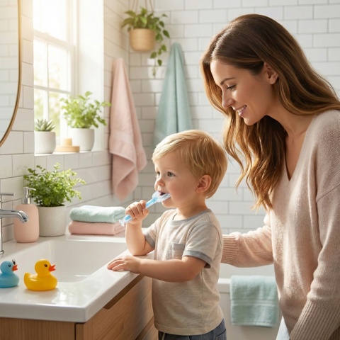 Szczoteczka do zębów i dziąseł silikonowa Bocioland w kształcie U niebieska