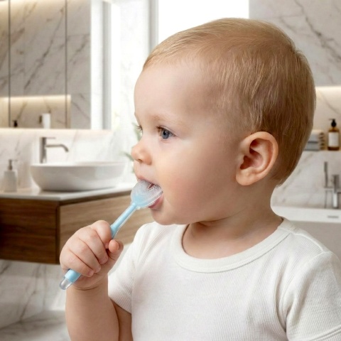 Szczoteczka do zębów i dziąseł silikonowa Bocioland w kształcie U niebieska