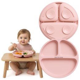 Talerzyk z przyssawką silikonowy 3 komorowy dla dzieci Bocioland blady róż