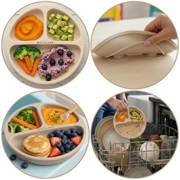 Talerzyk z przyssawką silikonowy 3 komorowy dla dzieci Bocioland jasny beż