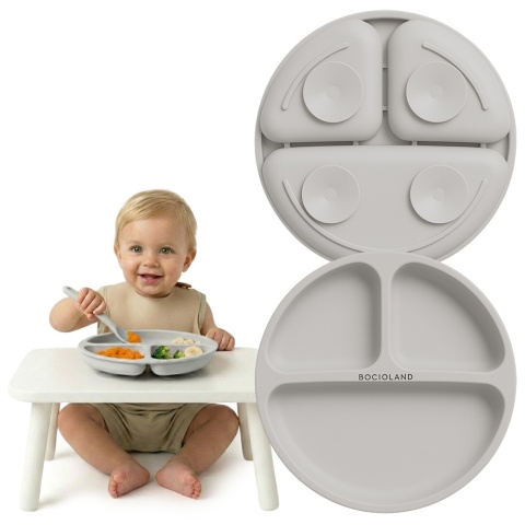 Talerzyk z przyssawką silikonowy 3 komorowy dla dzieci Bocioland popielaty