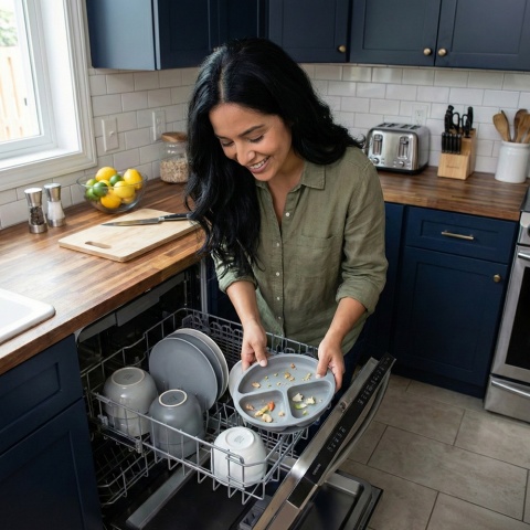 Talerzyk z przyssawką silikonowy 3 komorowy dla dzieci Bocioland popielaty