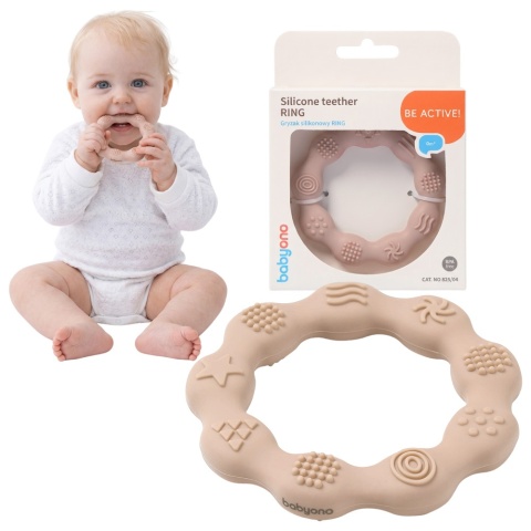 Gryzak sensoryczny BabyOno silikonowy na ząbkowanie do chłodzenia beżowy