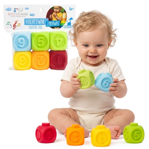 Klocki sensoryczne miękkie gumowe kolorowe edukacyjne Bocioland 5 cm 6 szt