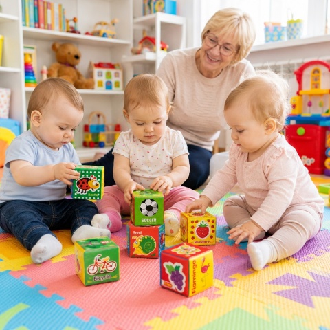 Klocki sensoryczne edukacyjne miękkie kolorowe obrazki Bocioland 6 szt. 3+